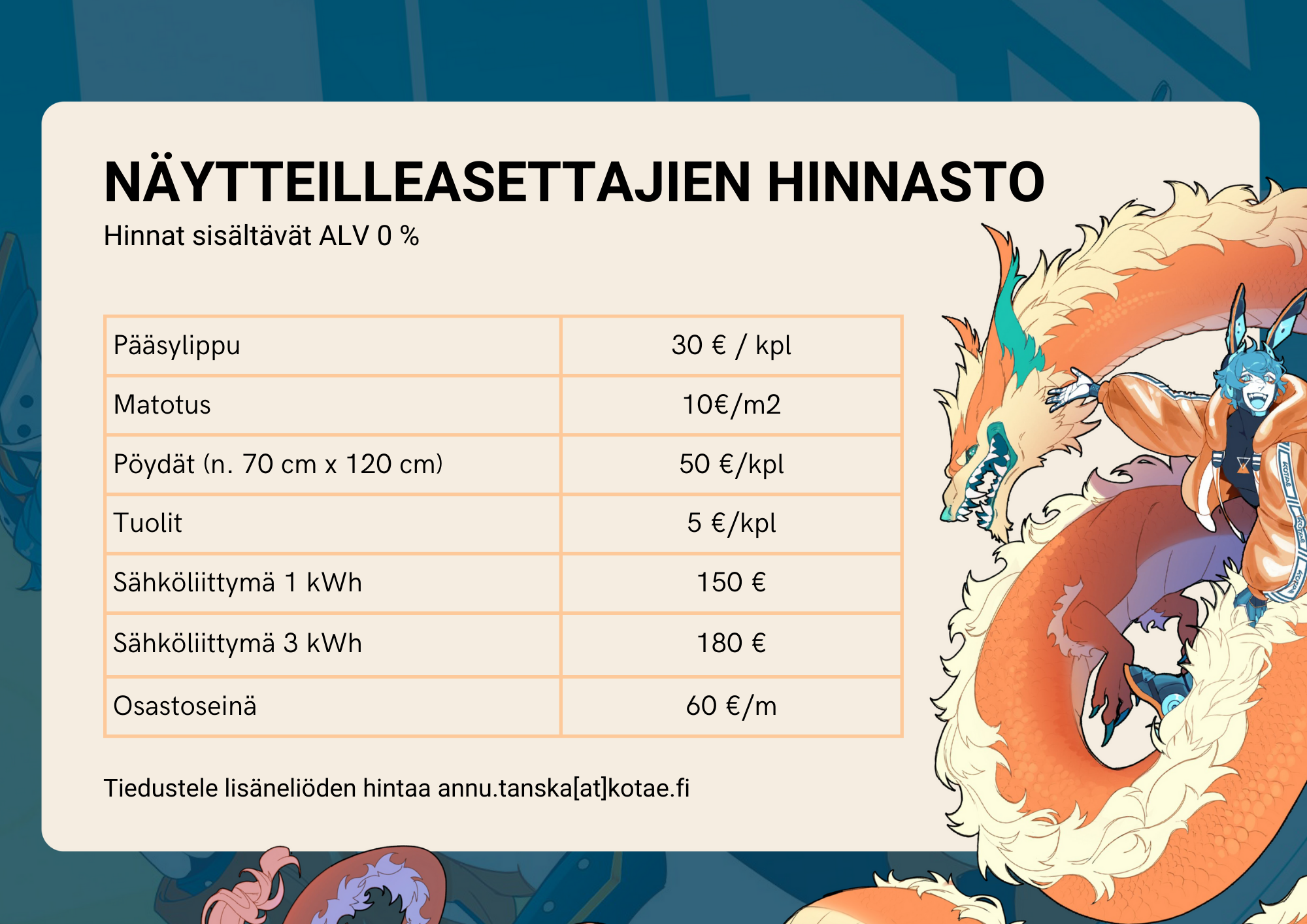 Näytteilleasettajien listahinnat